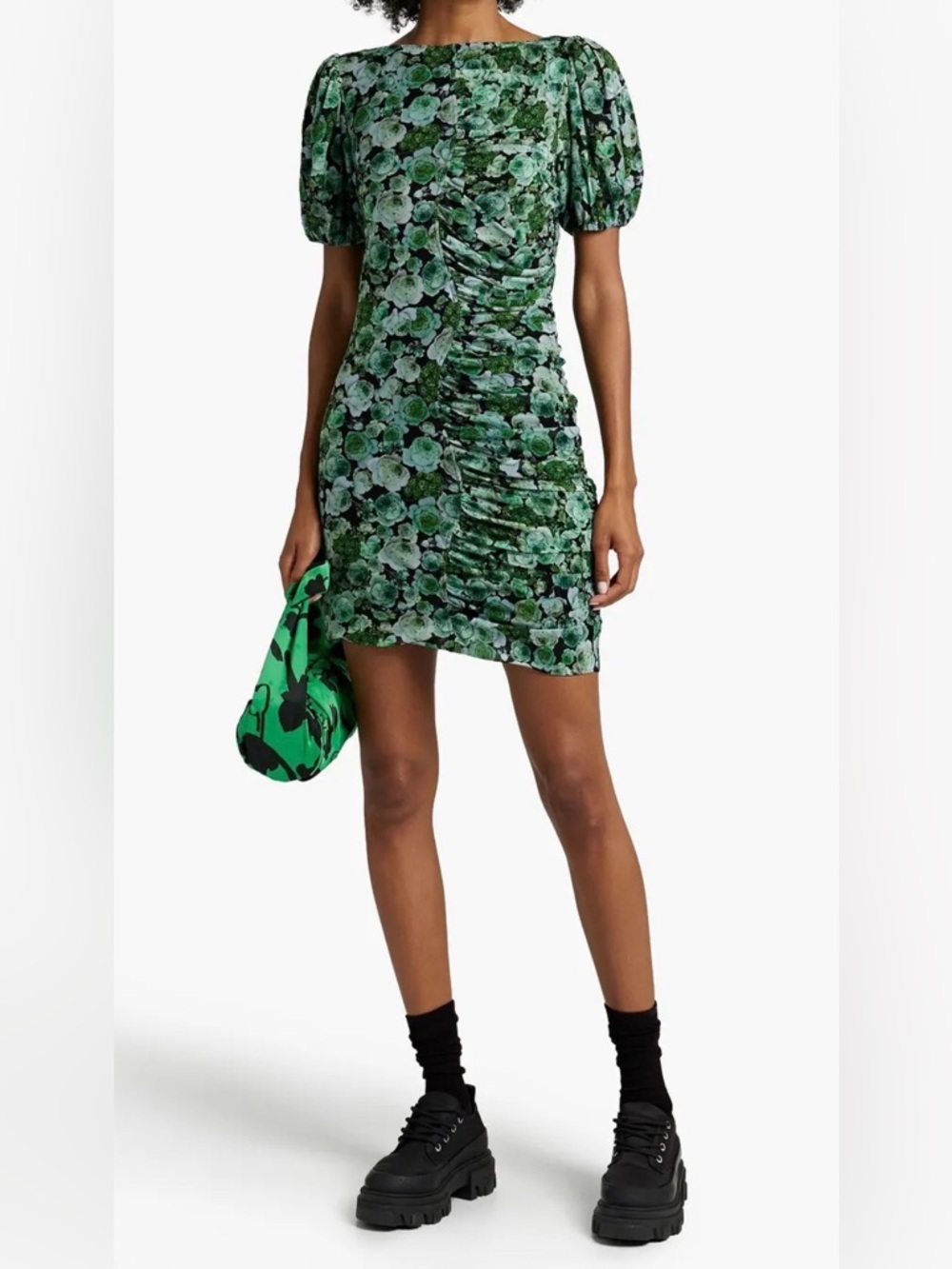 Ganni Green Floral Ruched Puff-Sleeve Mini Dress